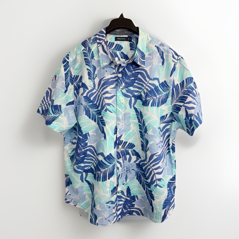 Nautica Mens XXL Hawaiian Aloha Button Up Shirt Short Sleeve Linen Blend Blue